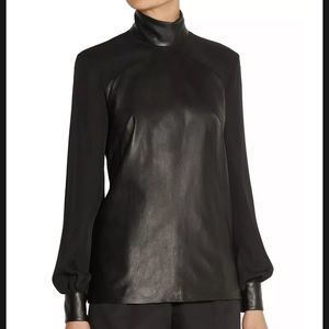 $795 never worn Tamara Mellon Paneled LEATHER & SILK Blouse Top Blouse Black 6
